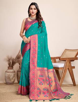 Rama green zari work jacquard saree with blouse 2