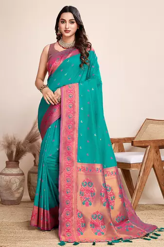 Rama green zari work jacquard saree with blouse