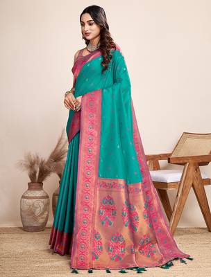 Rama green zari work jacquard saree with blouse 3