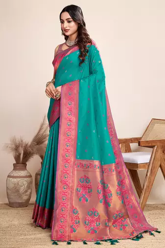 Rama green zari work jacquard saree with blouse