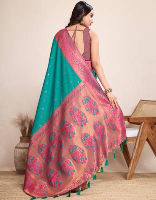 Rama green zari work jacquard saree with blouse 4