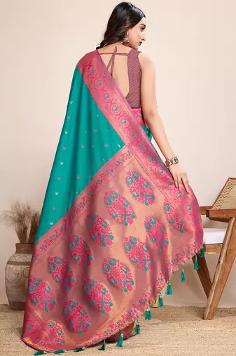 Rama green zari work jacquard saree with blouse