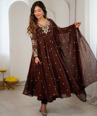 D brown georgette readymade anarkali suit with embroidery & sequence work 1