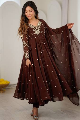 D brown georgette readymade anarkali suit with embroidery & sequence work