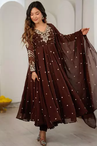 D brown georgette readymade anarkali suit with embroidery & sequence work
