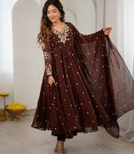D brown georgette readymade anarkali suit with embroidery & sequence work