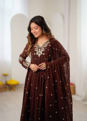 D brown georgette readymade anarkali suit with embroidery & sequence work 2