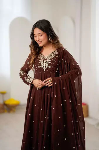 D brown georgette readymade anarkali suit with embroidery & sequence work