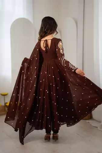 D brown georgette readymade anarkali suit with embroidery & sequence work