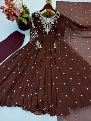 D brown georgette readymade anarkali suit with embroidery & sequence work 4
