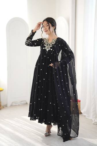 Black georgette readymade anarkali suit with embroidery & sequence work