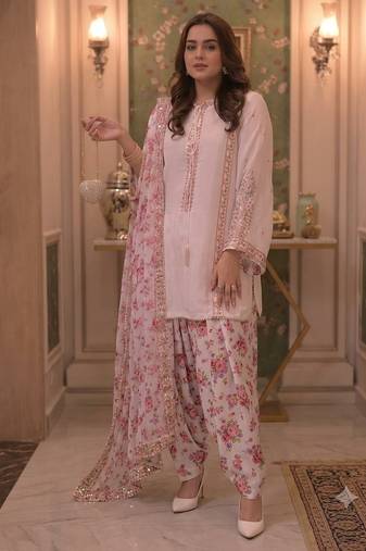 White georgette readymade suit with embroidery & sequence work