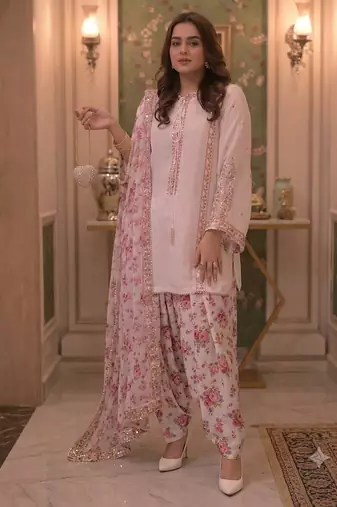 White georgette readymade suit with embroidery & sequence work