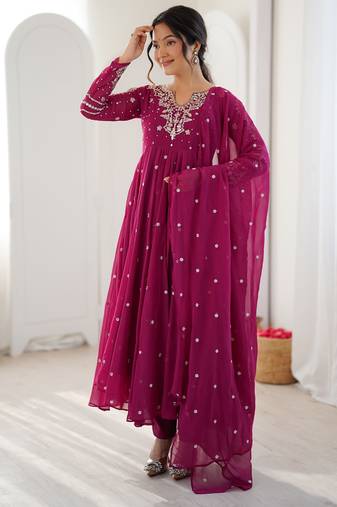 Magenta georgette readymade anarkali suit with embroidery & sequence work