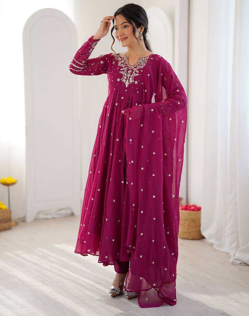 Magenta georgette readymade anarkali suit with embroidery & sequence work