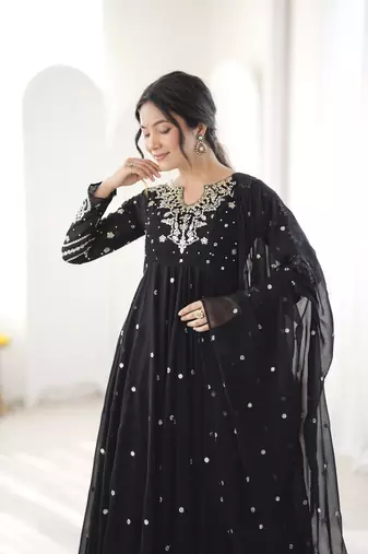 Black georgette readymade anarkali suit with embroidery & sequence work