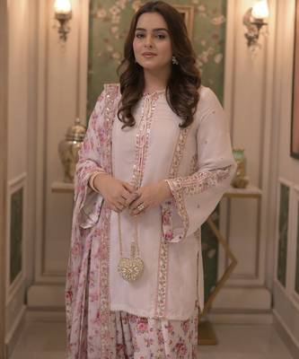 White georgette readymade suit with embroidery & sequence work 2