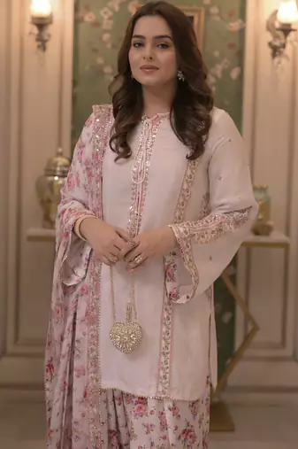 White georgette readymade suit with embroidery & sequence work