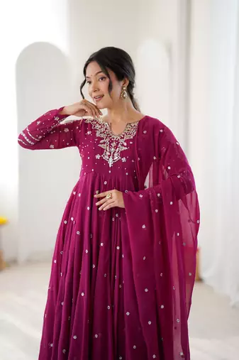 Magenta georgette readymade anarkali suit with embroidery & sequence work