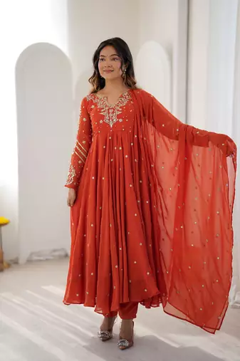 Rust georgette readymade anarkali suit with embroidery & sequence work