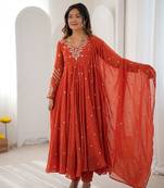 Rust georgette readymade anarkali suit with embroidery & sequence work