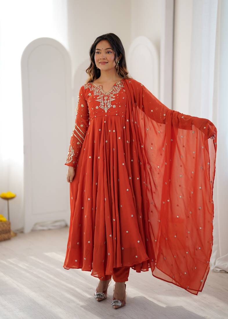 Rust georgette readymade anarkali suit with embroidery & sequence work