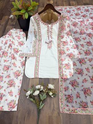 White georgette readymade suit with embroidery & sequence work 3
