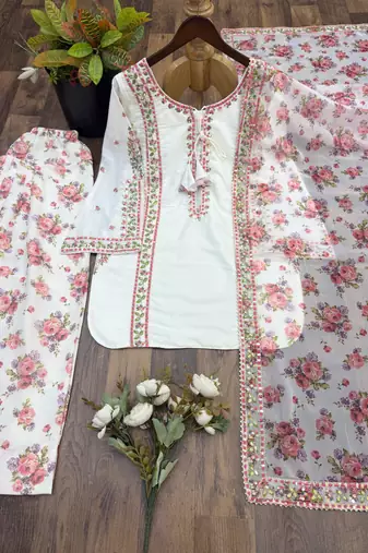 White georgette readymade suit with embroidery & sequence work