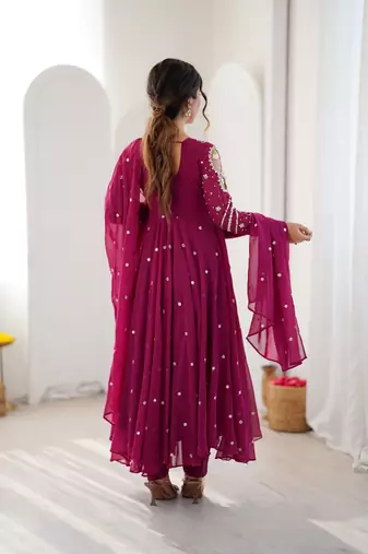 Magenta georgette readymade anarkali suit with embroidery & sequence work