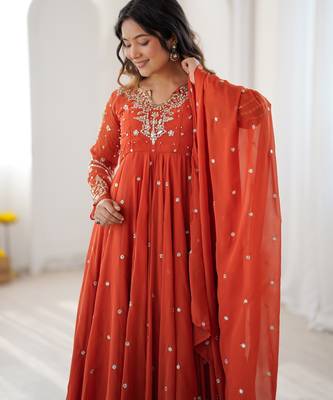 Rust georgette readymade anarkali suit with embroidery & sequence work 2