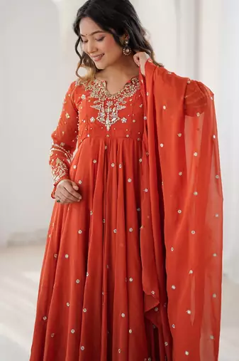 Rust georgette readymade anarkali suit with embroidery & sequence work