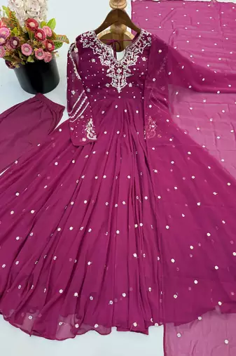 Magenta georgette readymade anarkali suit with embroidery & sequence work