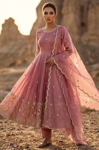 Pink silk blend readymade anarkali suit with embroidery & sequence work