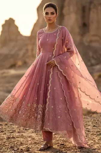 Pink silk blend readymade anarkali suit with embroidery & sequence work