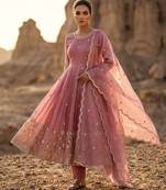 Pink silk blend readymade anarkali suit with embroidery & sequence work