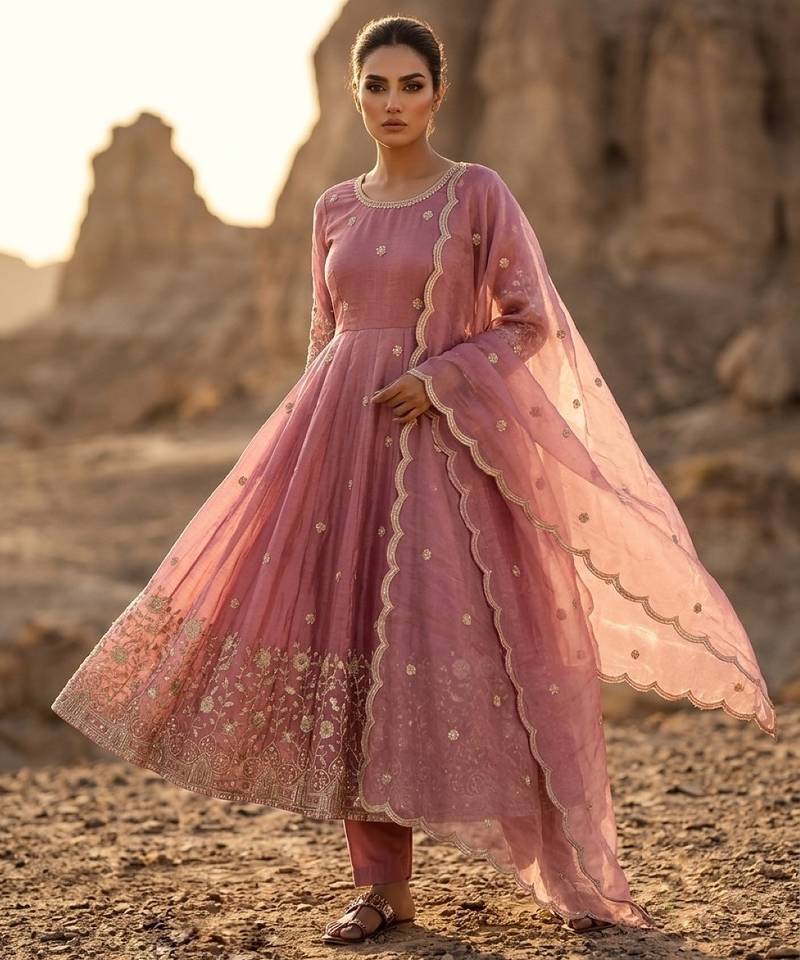 Pink silk blend readymade anarkali suit with embroidery & sequence work