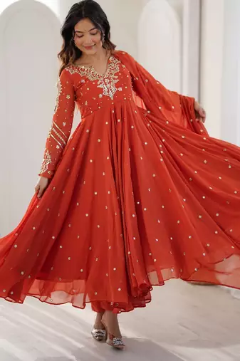 Rust georgette readymade anarkali suit with embroidery & sequence work