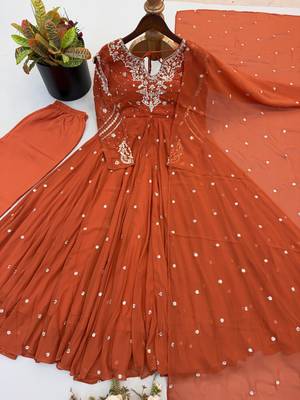Rust georgette readymade anarkali suit with embroidery & sequence work 4