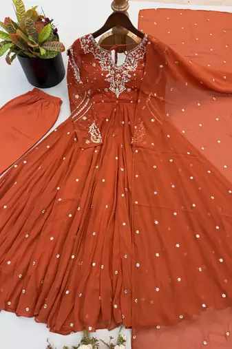Rust georgette readymade anarkali suit with embroidery & sequence work