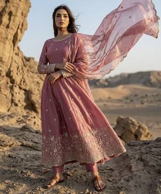 Pink silk blend readymade anarkali suit with embroidery & sequence work 2
