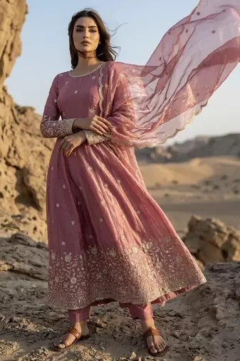 Pink silk blend readymade anarkali suit with embroidery & sequence work