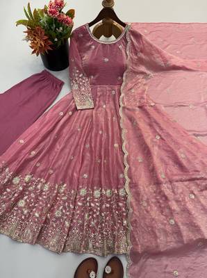 Pink silk blend readymade anarkali suit with embroidery & sequence work 3
