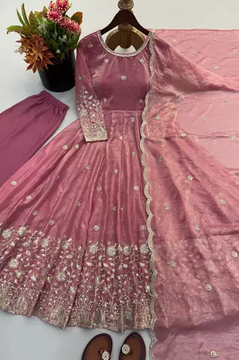 Pink silk blend readymade anarkali suit with embroidery & sequence work