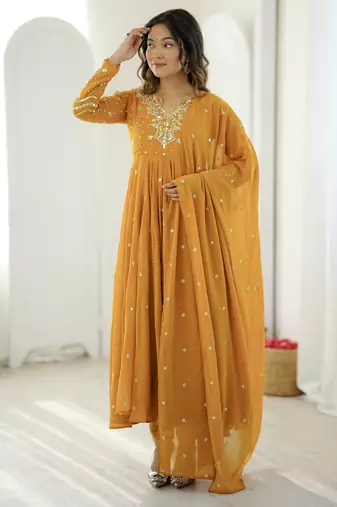 Yellow georgette readymade anarkali suit with embroidery & sequence work