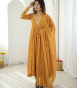 Yellow georgette readymade anarkali suit with embroidery & sequence work