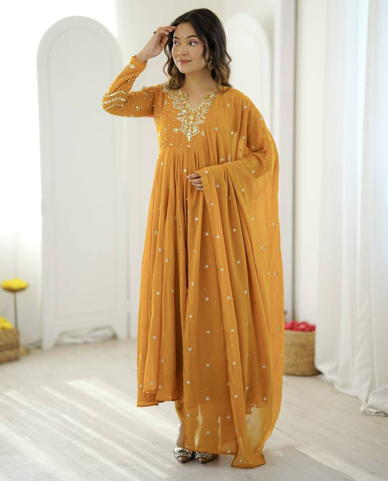 Yellow georgette readymade anarkali suit with embroidery & sequence work