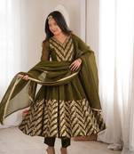 Olive silk blend readymade anarkali suit with embroidery & sequence work