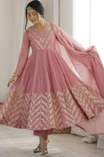 Pink silk blend readymade anarkali suit with embroidery & sequence work