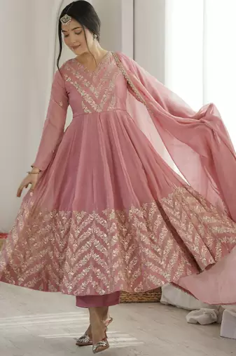 Pink silk blend readymade anarkali suit with embroidery & sequence work