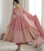 Pink silk blend readymade anarkali suit with embroidery & sequence work